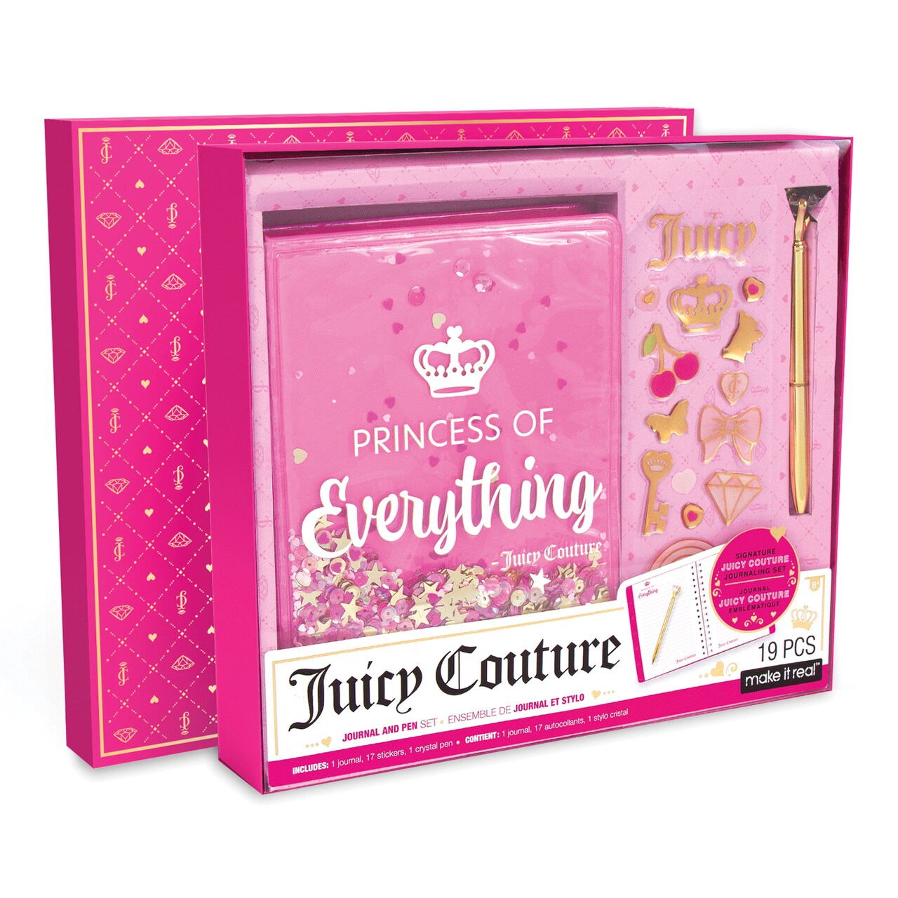 Juicy Couture Boxed Journal Pen Set - Princess of Everything, Pink & Gold Glitter, w/ Pen & Stickers